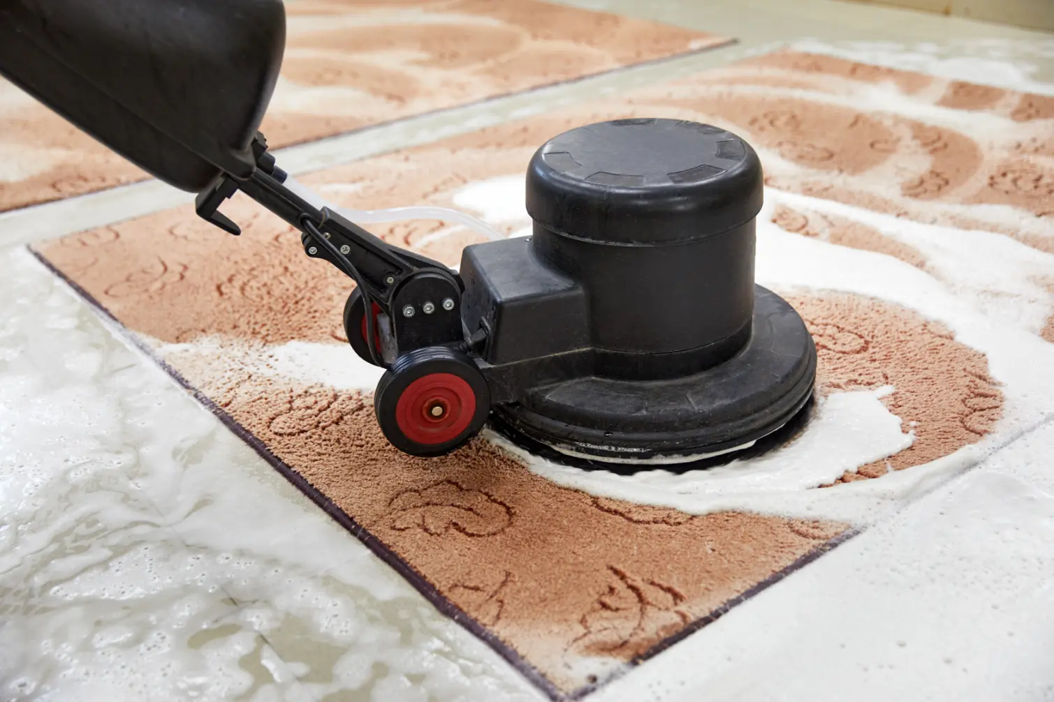 Brown area rug being vacuumed during professional rug cleaning