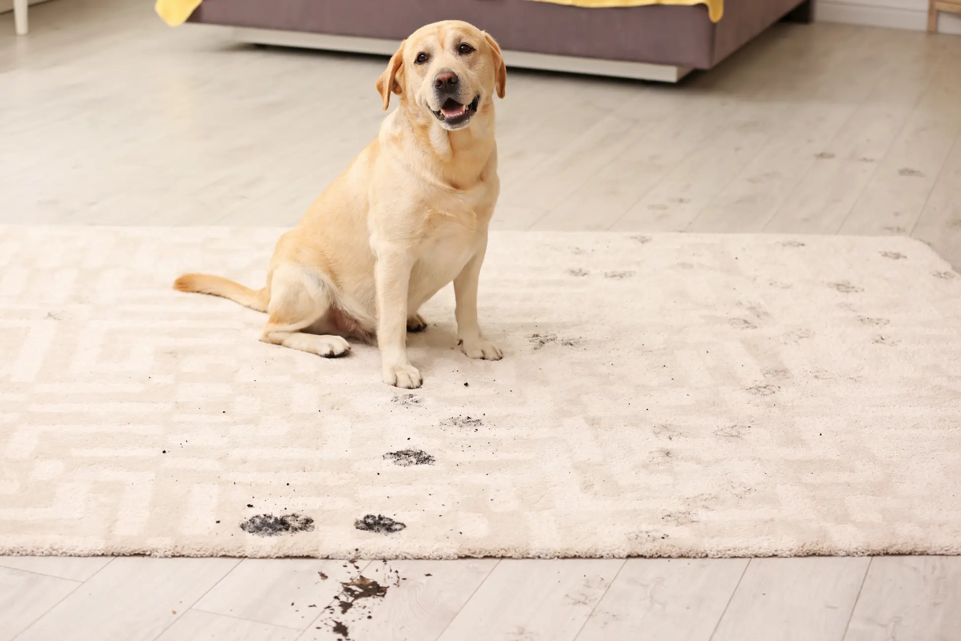 Dog on carpet with paw print stains during carpet stain removal service